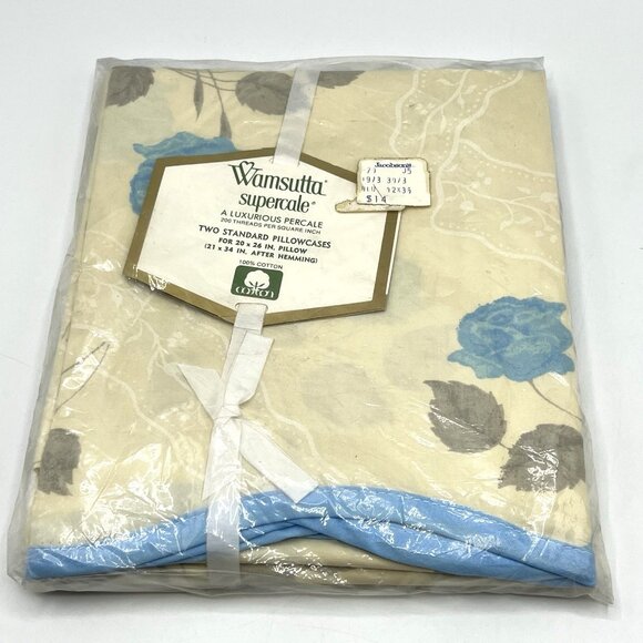 Wamsutta Supercale Blue Ribbon Rose Pillowcases Two Standard Scalloped - Picture 1 of 4